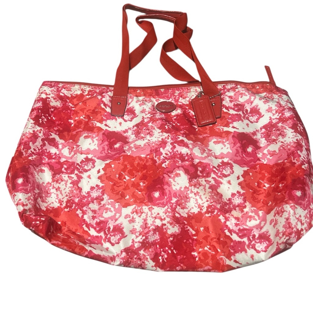 COACH Pink Multi Floral Signature Nylon Weekender Tote Bag Large 77316 77605